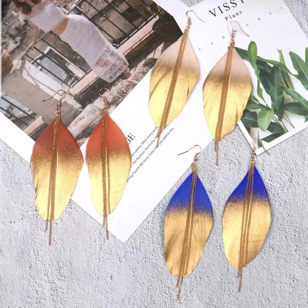 Exotic Feather Dipped in Gold Long Earring - Picture 4 of 5